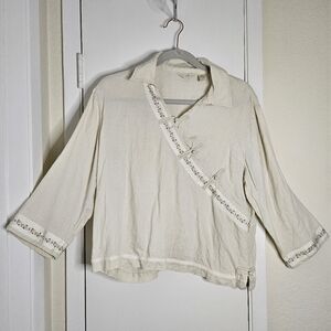 J Jill Linen Cream Blouse Floral Trim V Neck Loop Button Chinese Style Size MP